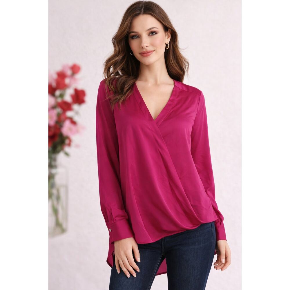 DKNY Womens Satin Faux Wrap Blouse Pink Size Small New Long Sleeve V Neck